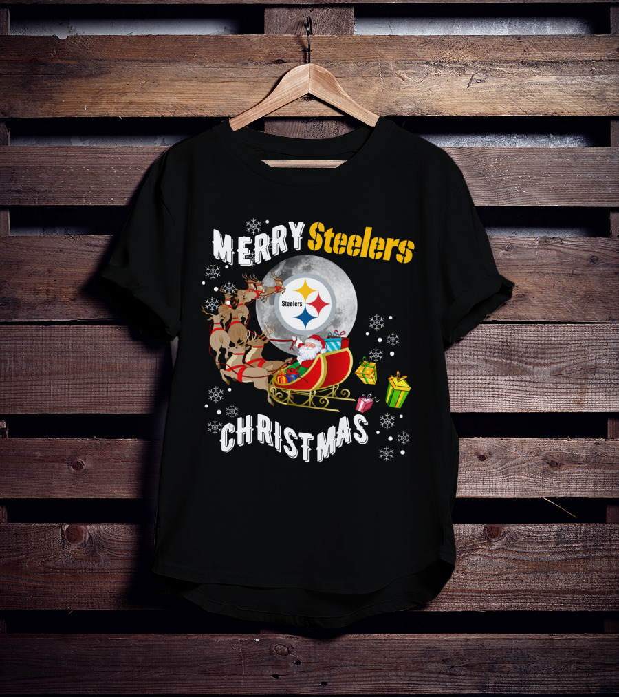 Merry Steelers Christmas Santa Sleigh And Moon T-Shirt