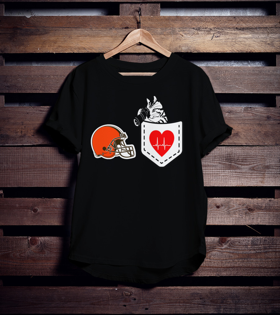 Cleveland Browns Helmet Zebra Heartbeat Pocket T-Shirt