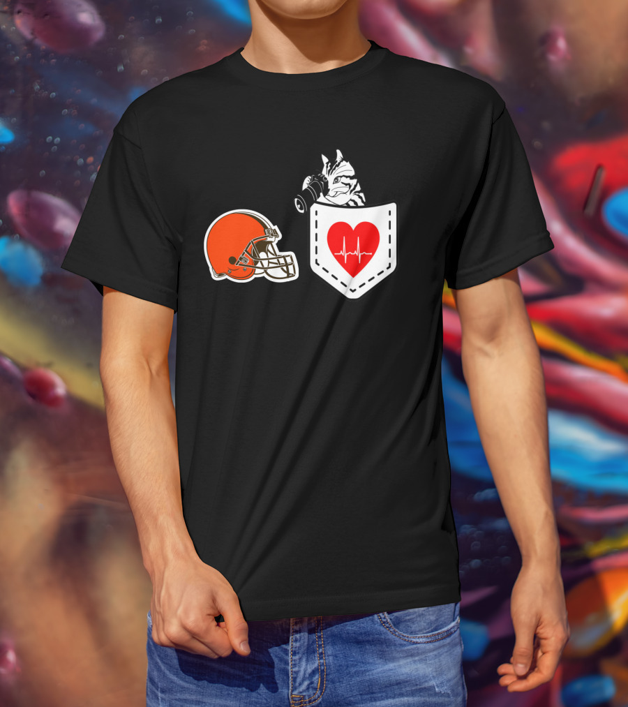 Cleveland Browns Helmet Zebra Heartbeat Pocket T-Shirt