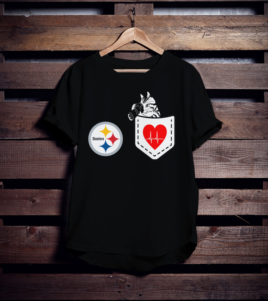 Pittsburgh Steelers Logo With Heartbeat Pocket Cat T-Shirt