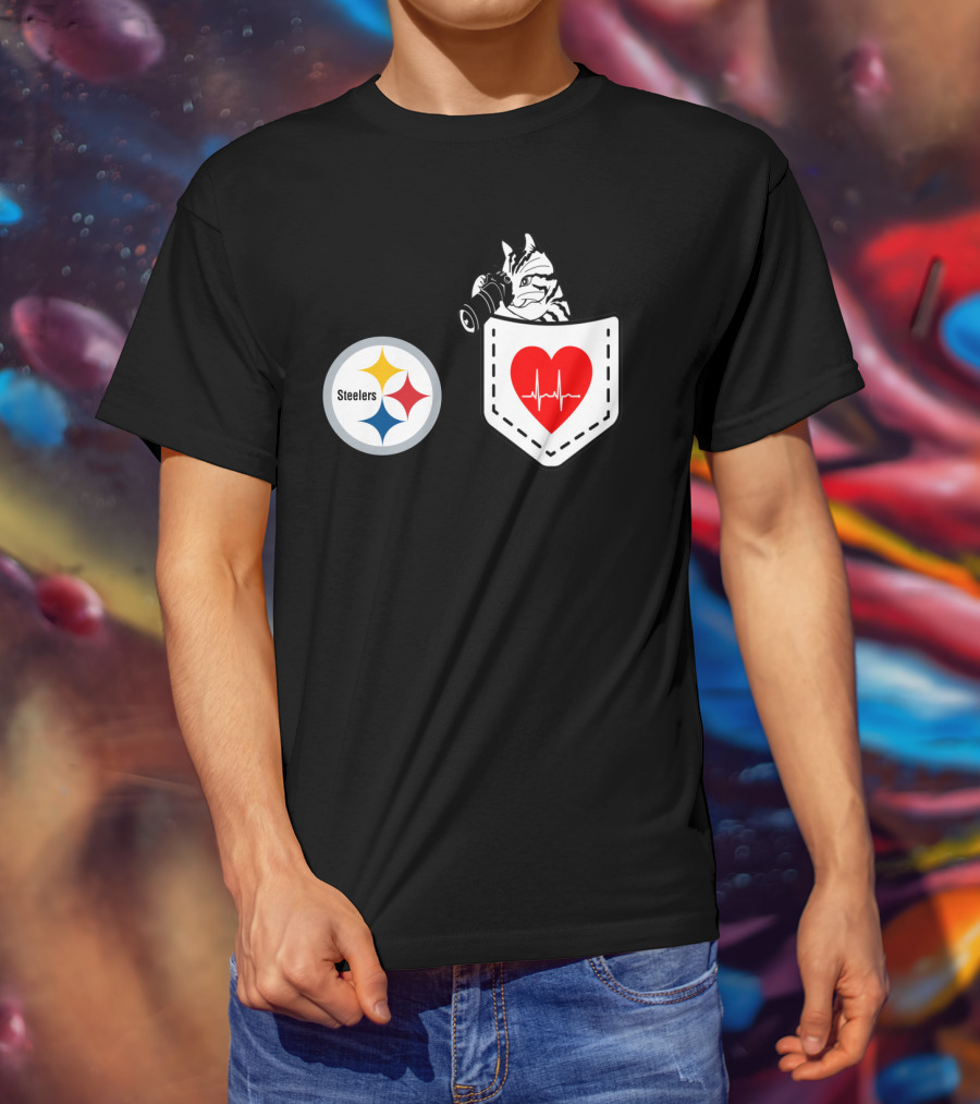 Pittsburgh Steelers Logo With Heartbeat Pocket Cat T-Shirt