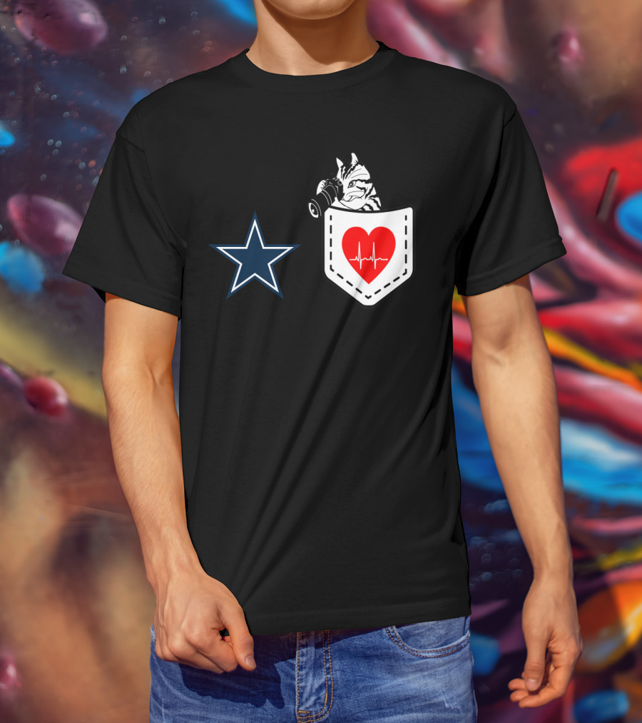 Dallas Cowboys Star Cat In Heartbeat Pocket T-Shirt