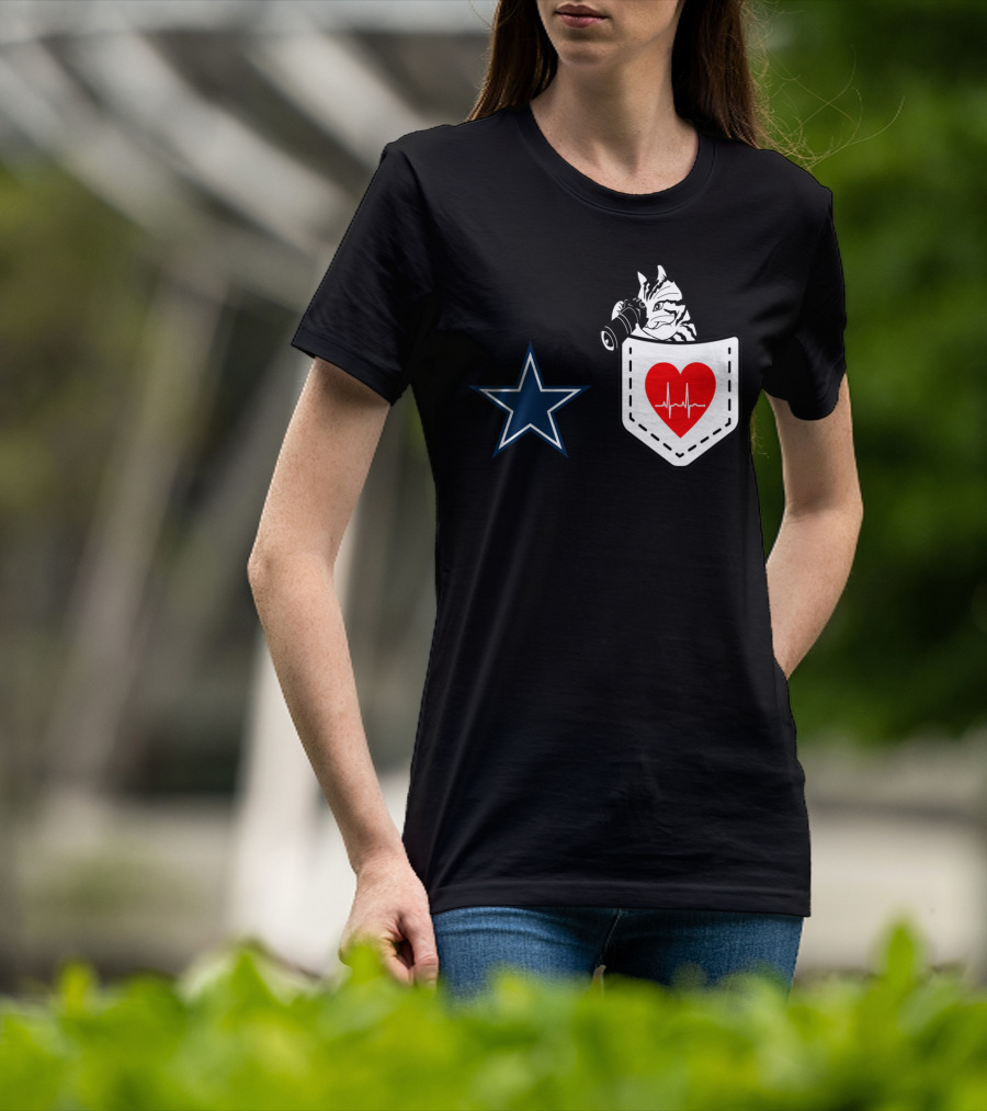Dallas Cowboys Star Cat In Heartbeat Pocket T-Shirt