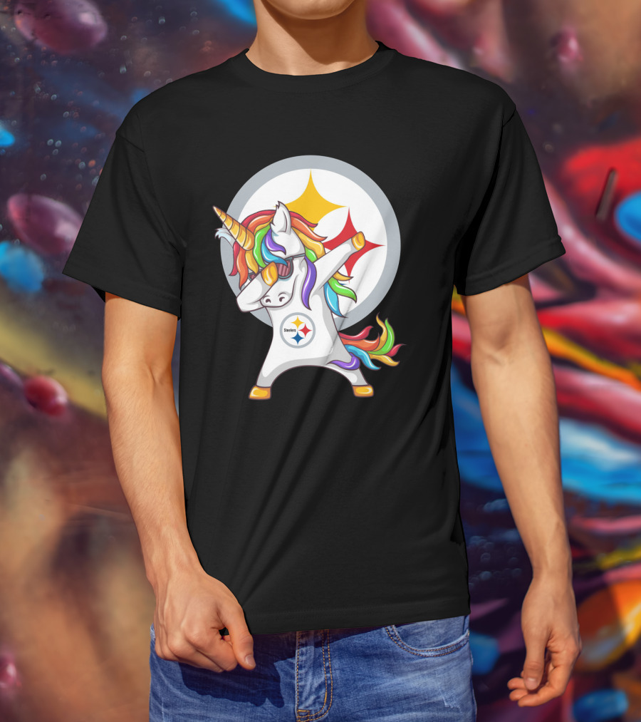 Unicorn Dabbing With Steelers Logo Rainbow Mane T-Shirt