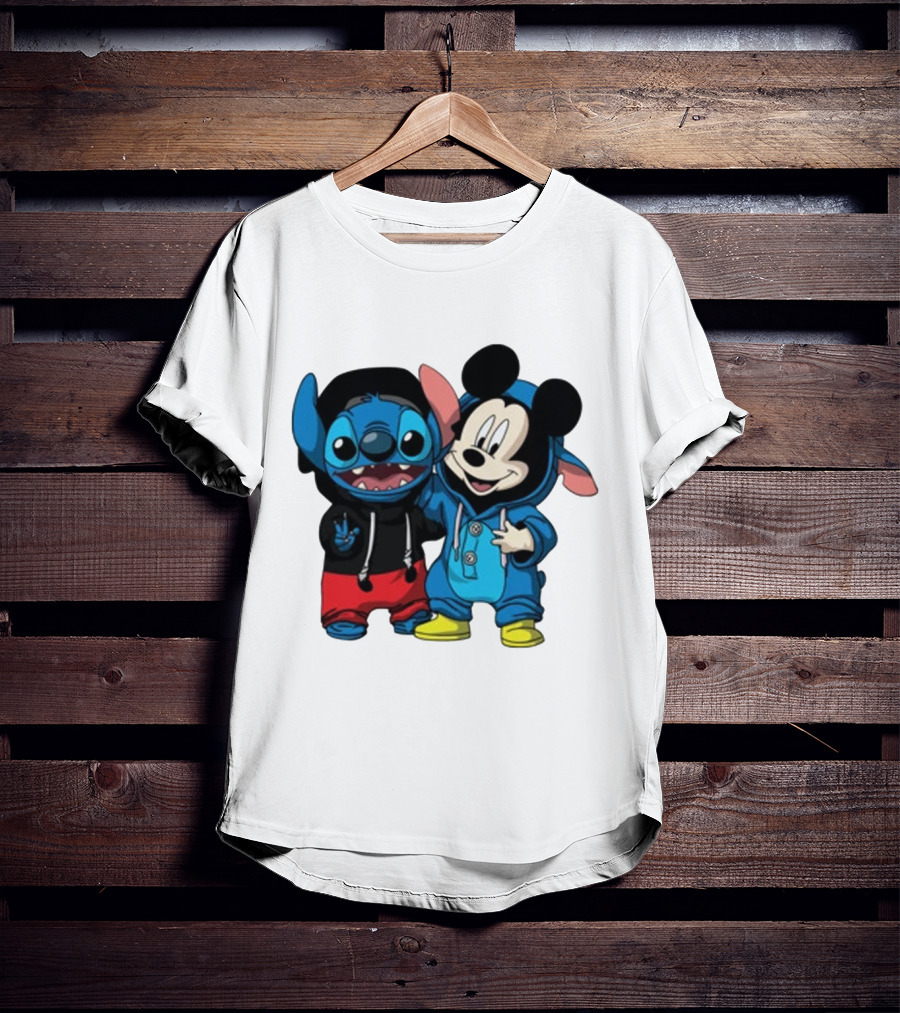 Mickey Mouse And Stitch In Hoodies T-Shirt