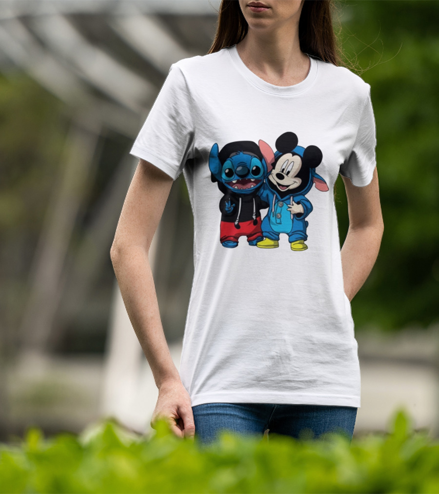Mickey Mouse And Stitch In Hoodies T-Shirt