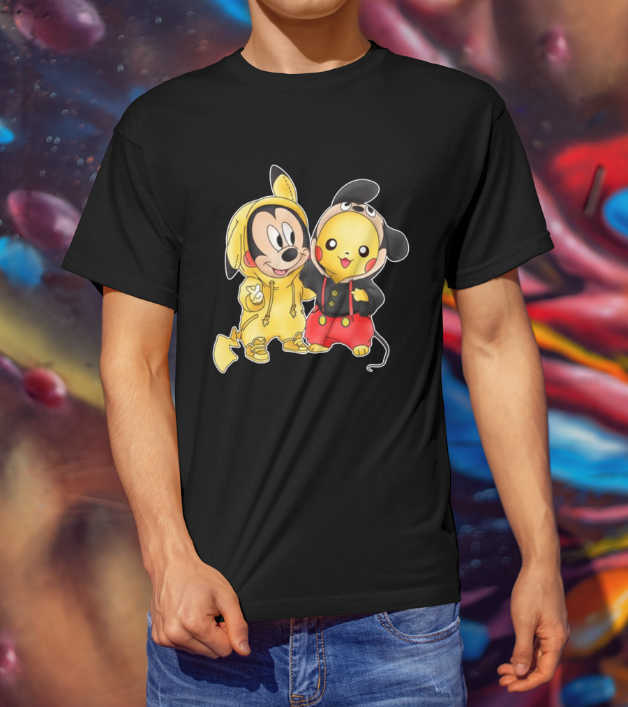 Mickey Pikachu Crossover Characters In Hoodie Costumes T-Shirt