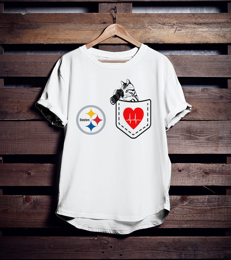 Pittsburgh Steelers Cat With Heartbeat Pocket T-Shirt