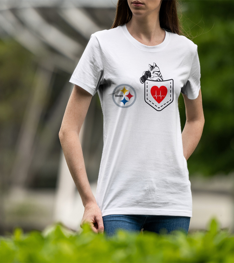 Pittsburgh Steelers Cat With Heartbeat Pocket T-Shirt