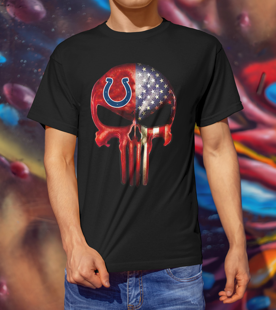 For True Indianapolis Fan Only Colts Punisher Skull American Flag T-Shirt