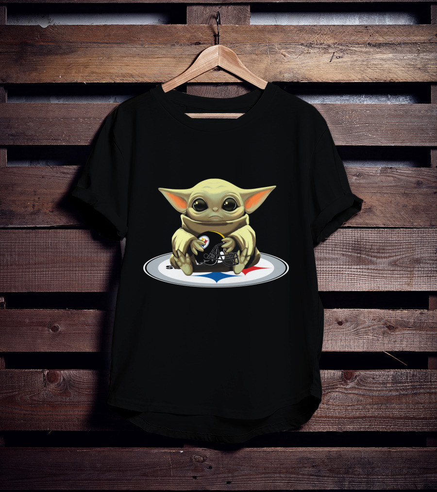 Baby Yoda Holding Steelers Football Helmet T-Shirt