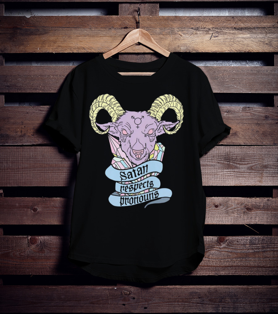 Satan Respects Pronouns Pastel Goat Head With Horns And Gender Symbols T-Shirt