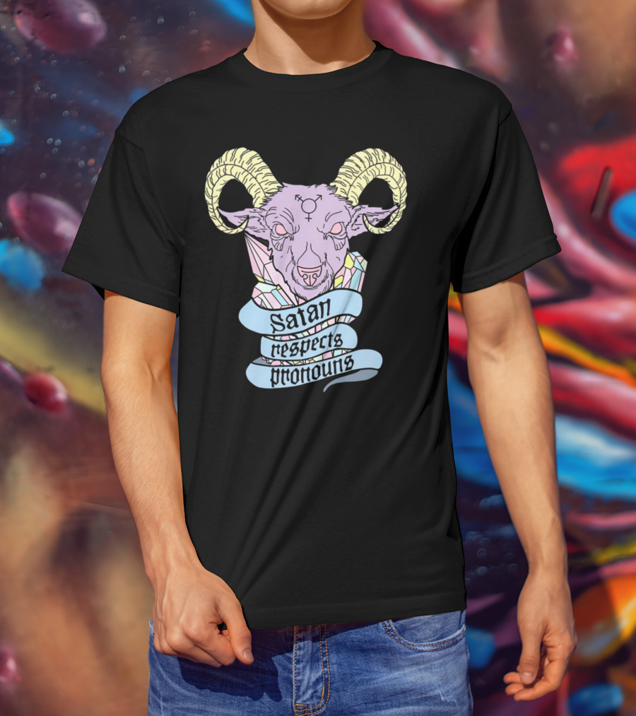 Satan Respects Pronouns Pastel Goat Head With Horns And Gender Symbols T-Shirt
