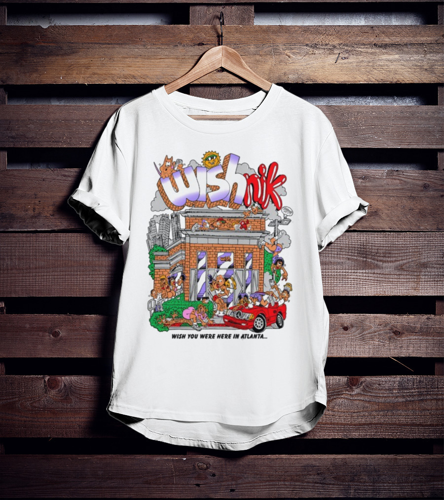 Wishnik Wish You Were Here In Atlanta Cartoon Car Crowd Scene T-Shirt