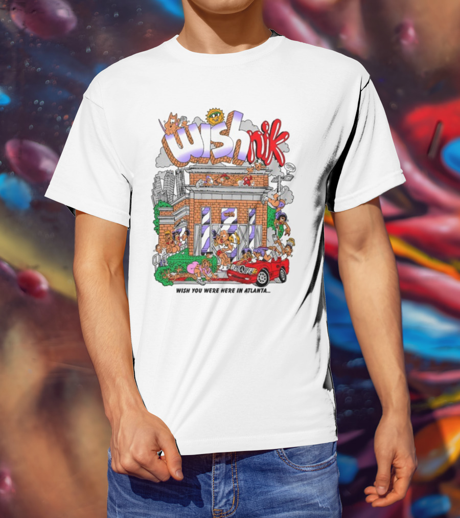 Wishnik Wish You Were Here In Atlanta Cartoon Car Crowd Scene T-Shirt