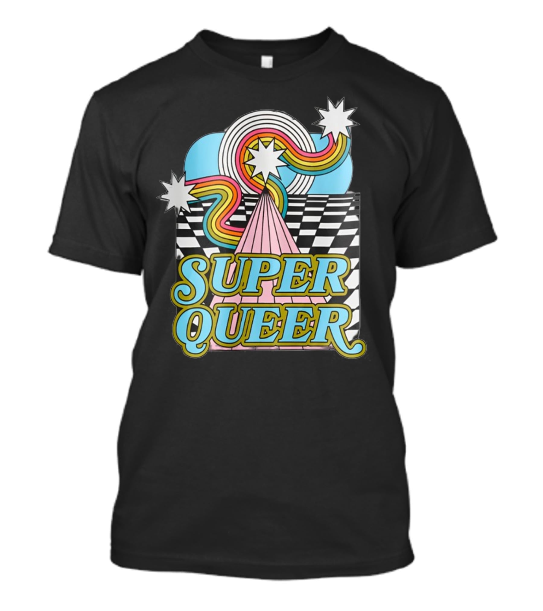 Super Queer Retro Rainbow Starburst Checkered Sky Burst T-Shirt