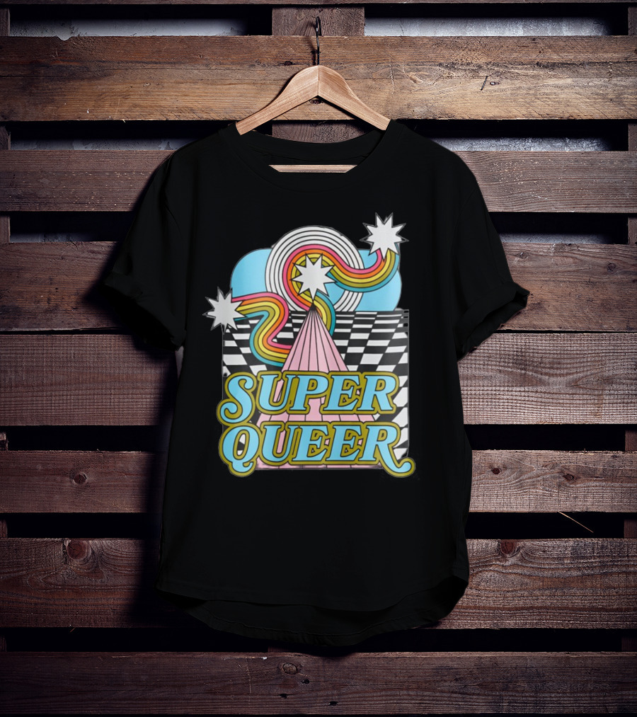 Super Queer Retro Rainbow Starburst Checkered Sky Burst T-Shirt