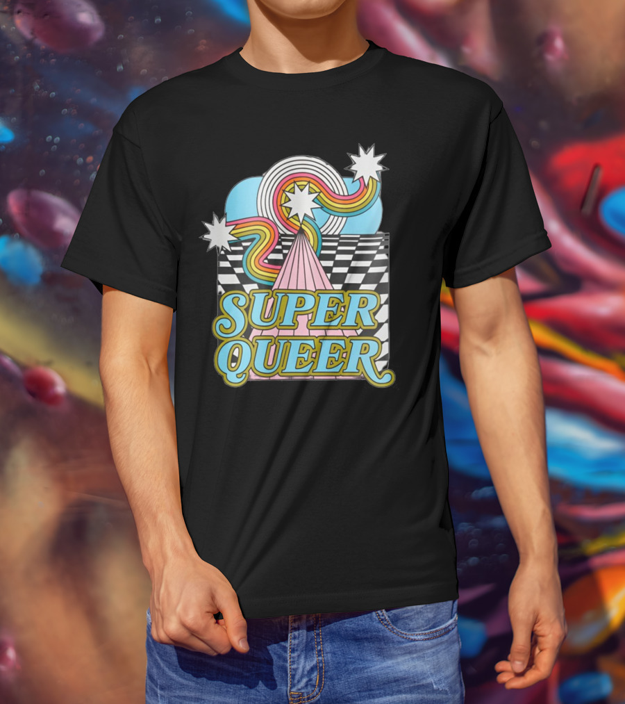Super Queer Retro Rainbow Starburst Checkered Sky Burst T-Shirt