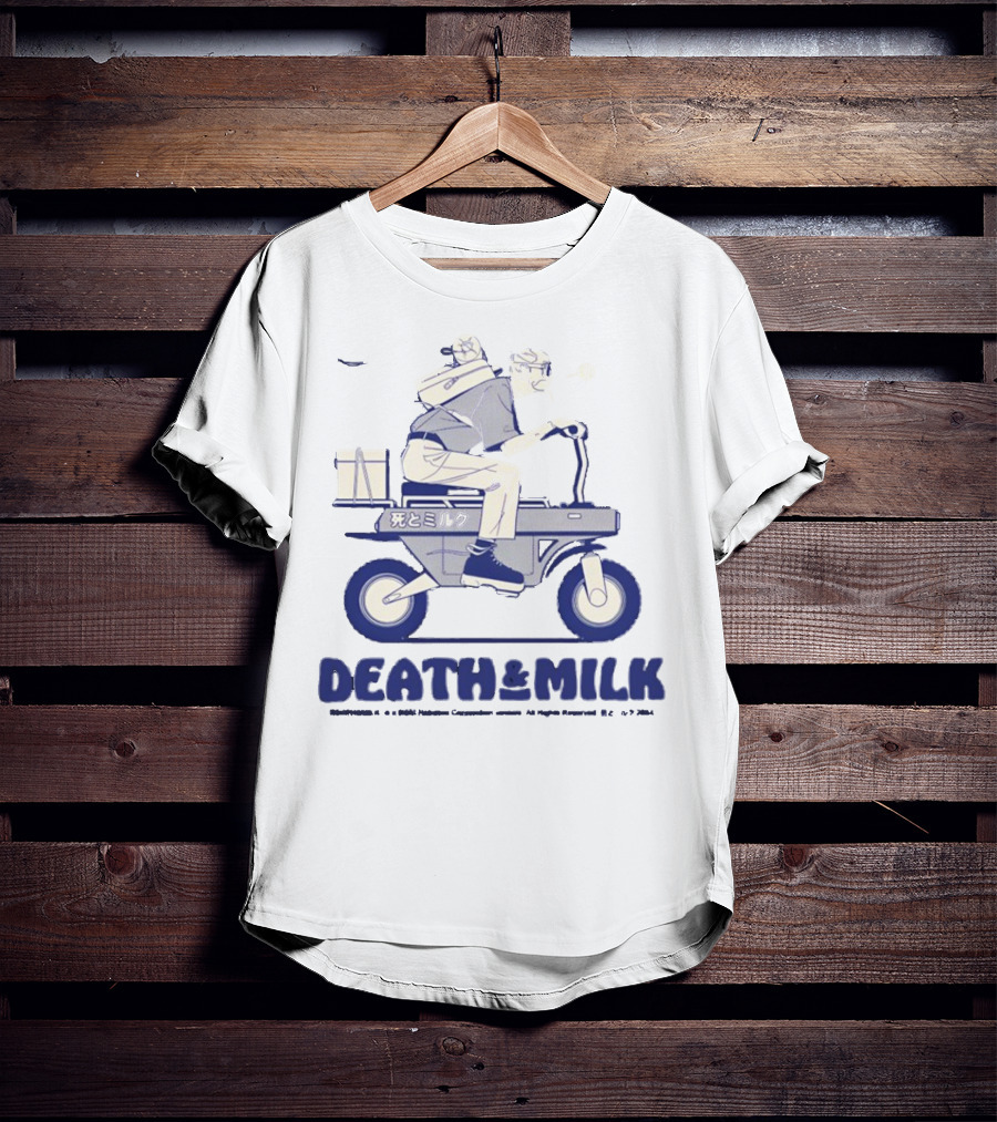 Death And Milk Riding Scooter With Package And Japanese Text T-Shirt