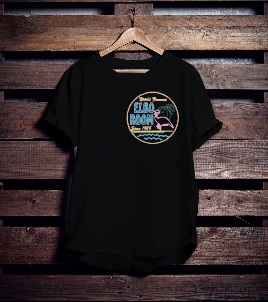 World Famous Elbo Room Since 1938 Neon Flamingo And Palm Tree T-Shirt