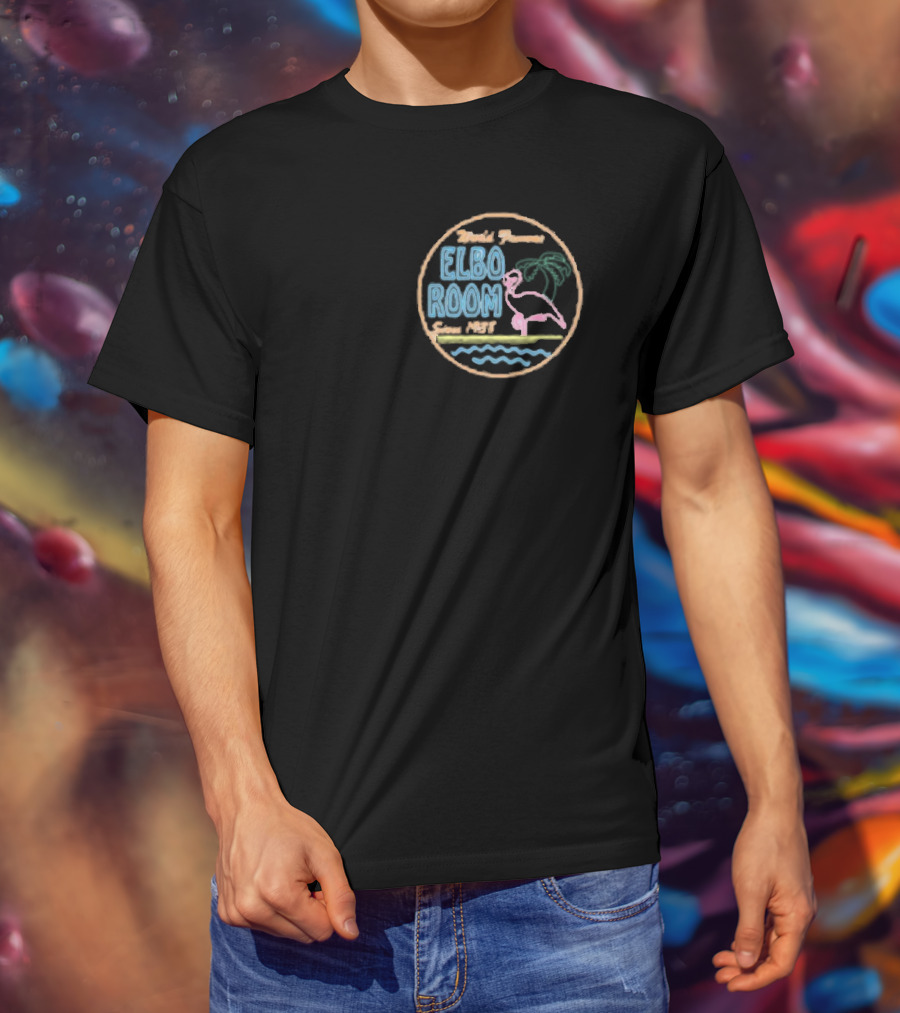 World Famous Elbo Room Since 1938 Neon Flamingo And Palm Tree T-Shirt
