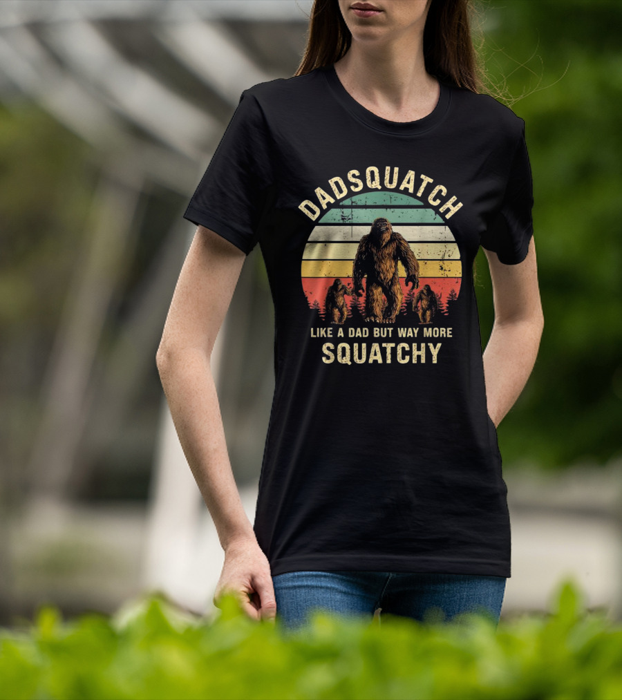 Dadsquatch Like A Dad But Way More Squatchy Vintage Bigfoot Forest Sunset T-Shirt