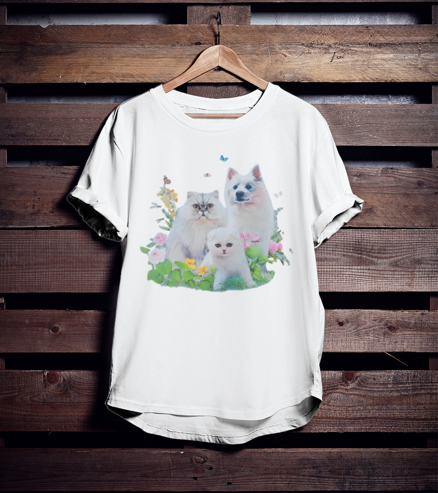 Qtcinderella Pet Animals With Cats And Dog In Floral Pastel Garden T-Shirt