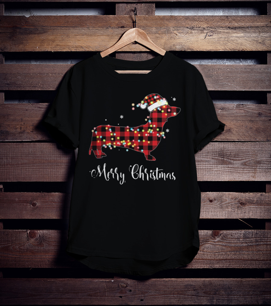 Merry Christmas Red Plaid Buffalo Dachshund With Santa Hat And Lights T-Shirt