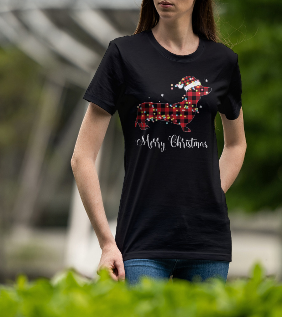 Merry Christmas Red Plaid Buffalo Dachshund With Santa Hat And Lights T-Shirt