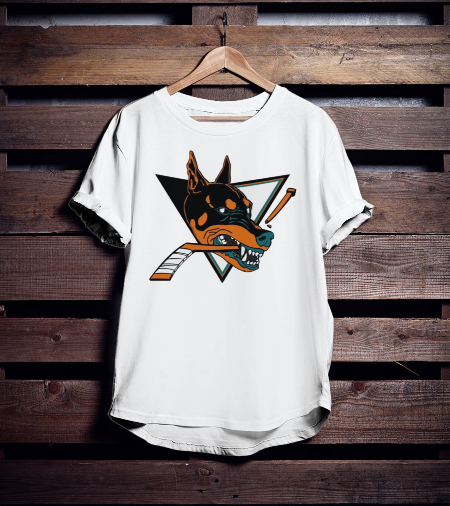 Kayzo San Jose Dogs Hockey Iconic Doberman Logo With Hockey Sticks T-Shirt