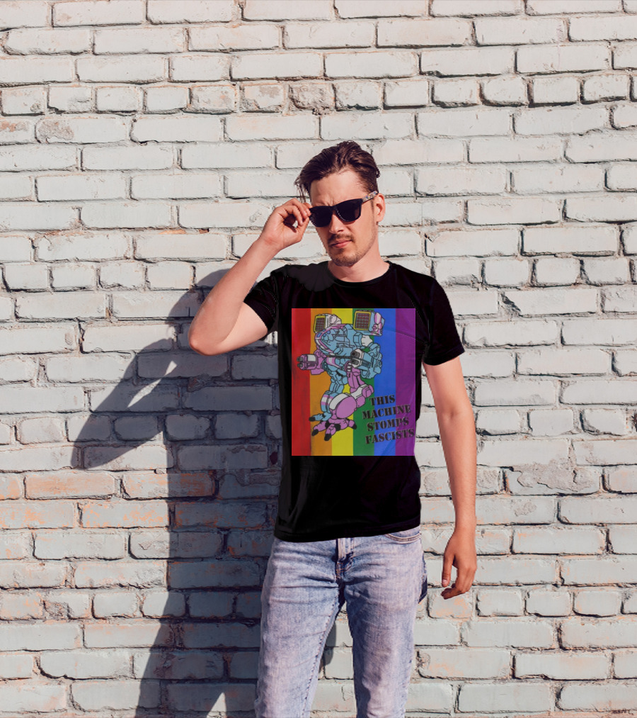 This Machine Stomps Fascists Mech Rainbow Stripes T-Shirt