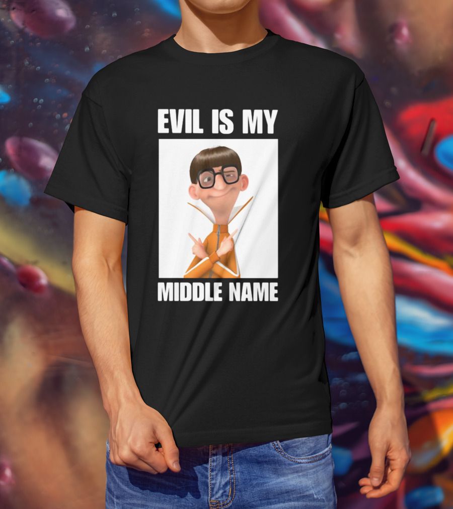 Evil Is My Middle Name Animated Character With Orange Outfit And Glasses T-Shirt