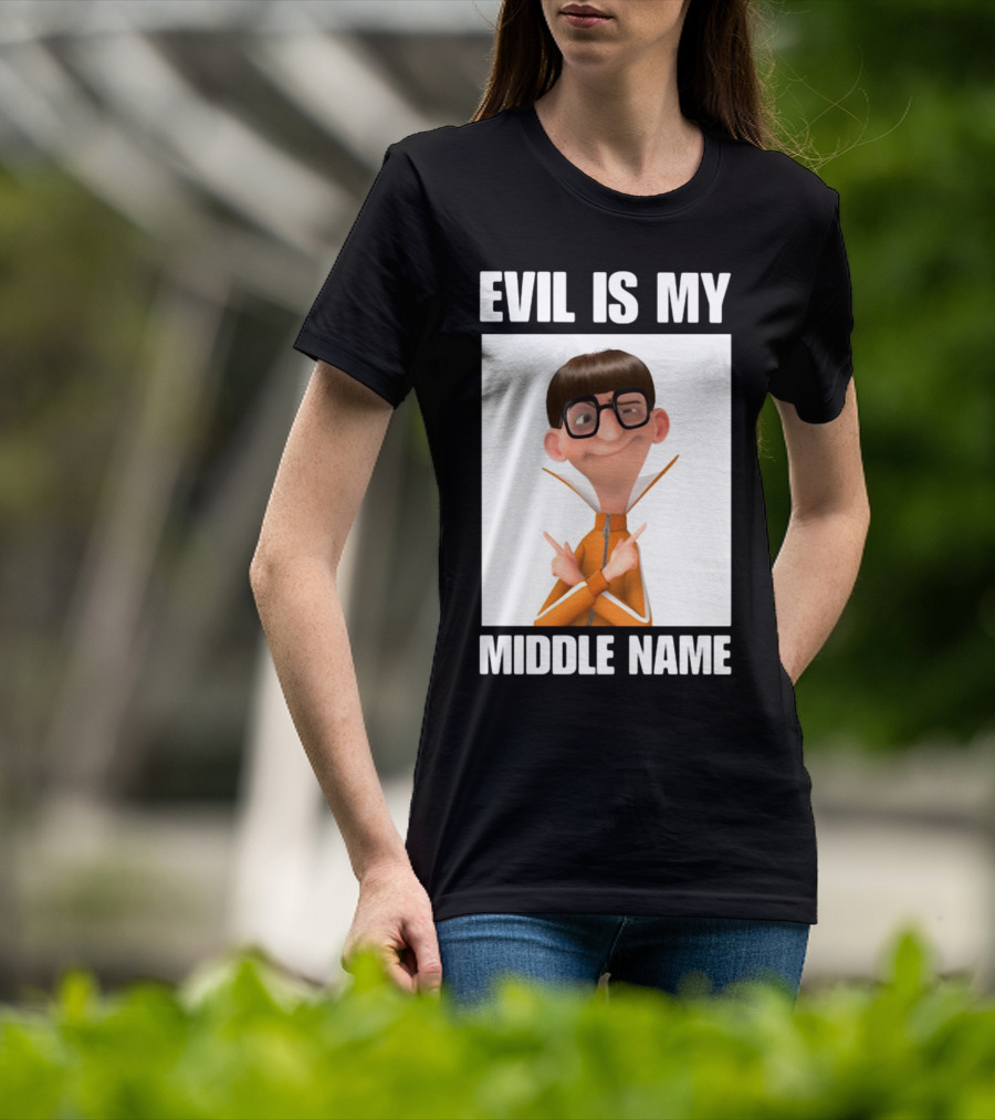 Evil Is My Middle Name Animated Character With Orange Outfit And Glasses T-Shirt