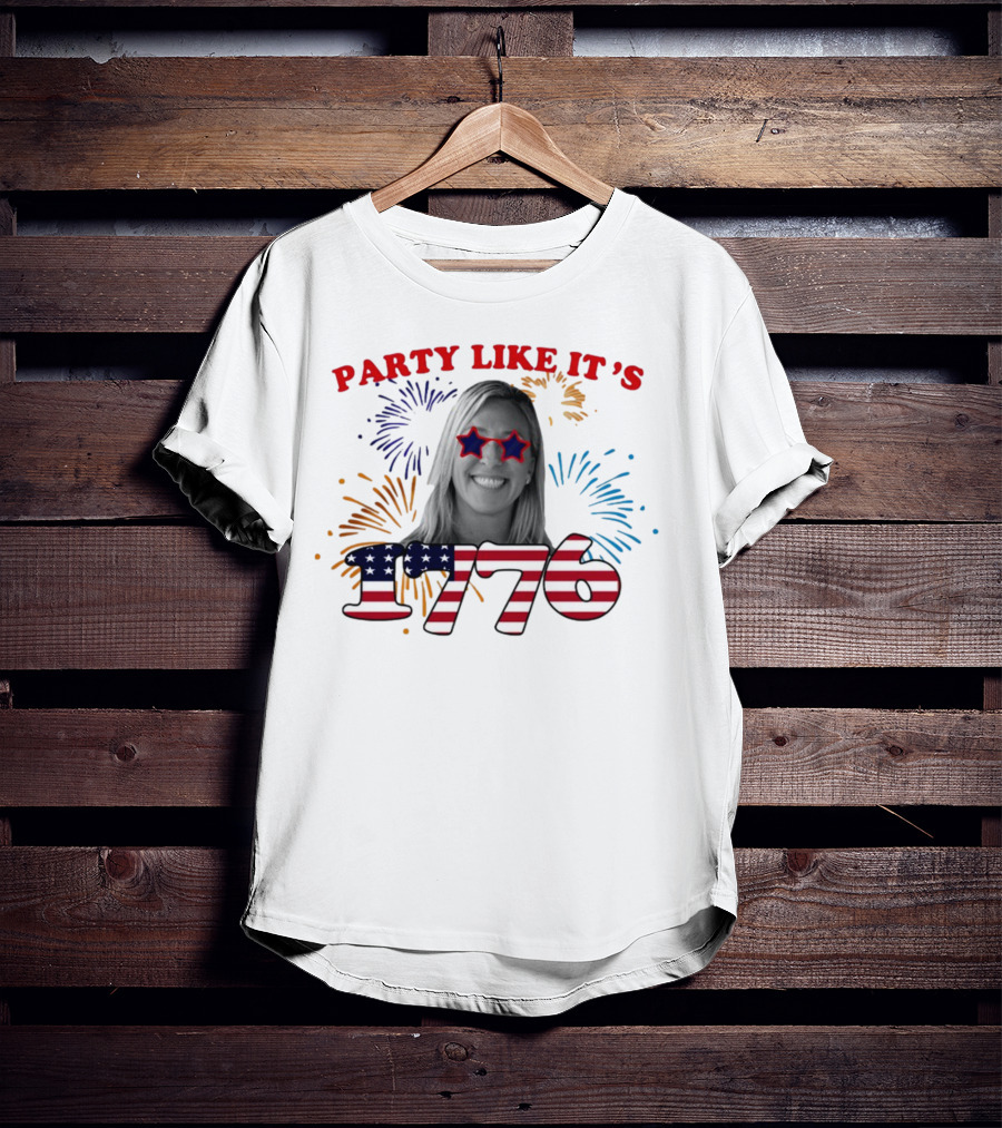 MTG Shop Marjorie Taylor Party Like It's 1776 Fireworks Star Glasses Patriotic T-Shirt