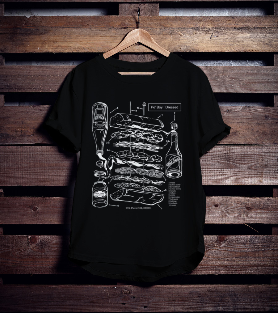 Po-Boy Dressed Blueprint With Hot Sauce And Ingredients Patent Diagram T-Shirt
