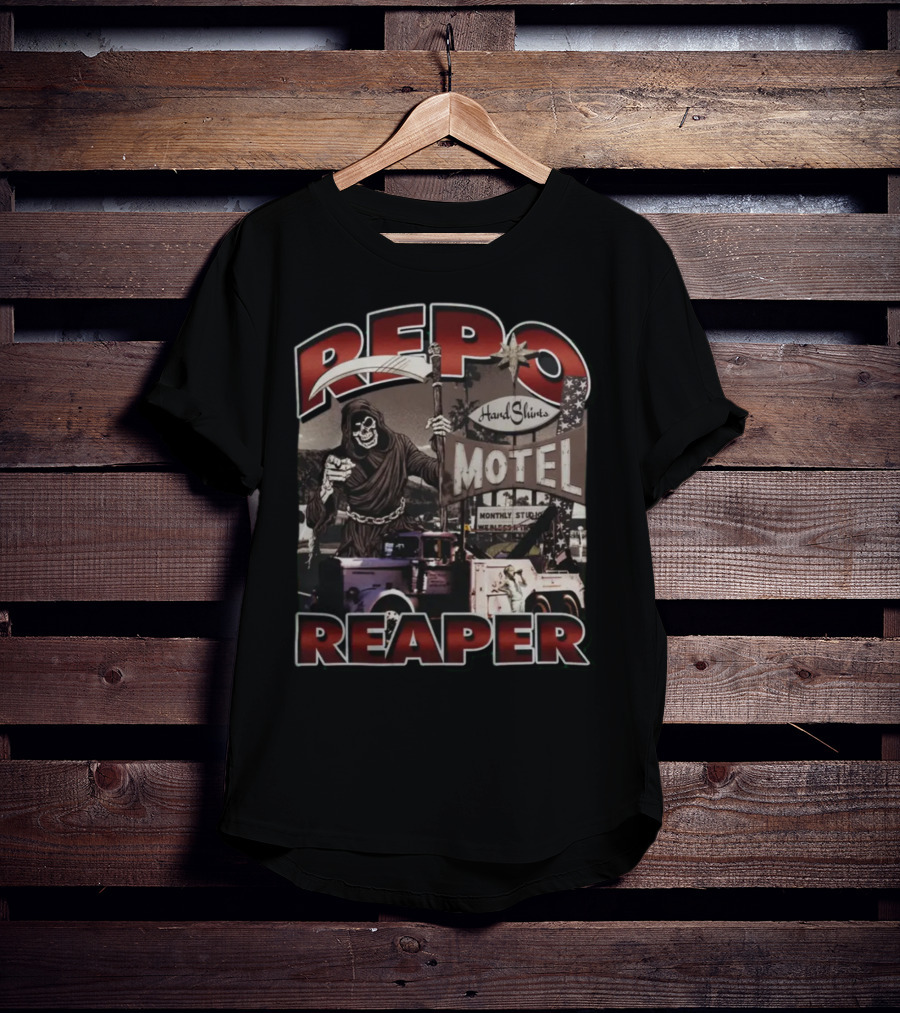 Repo Reaper Grim Skeleton Scythe Hard Slines Motel Scene T-Shirt