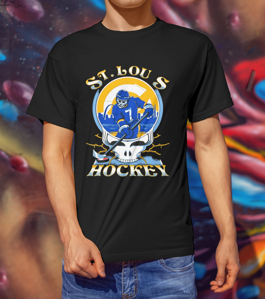 St Louis Hockey Grateful Dead Inspired Skeleton Playing Hockey T-Shirt
