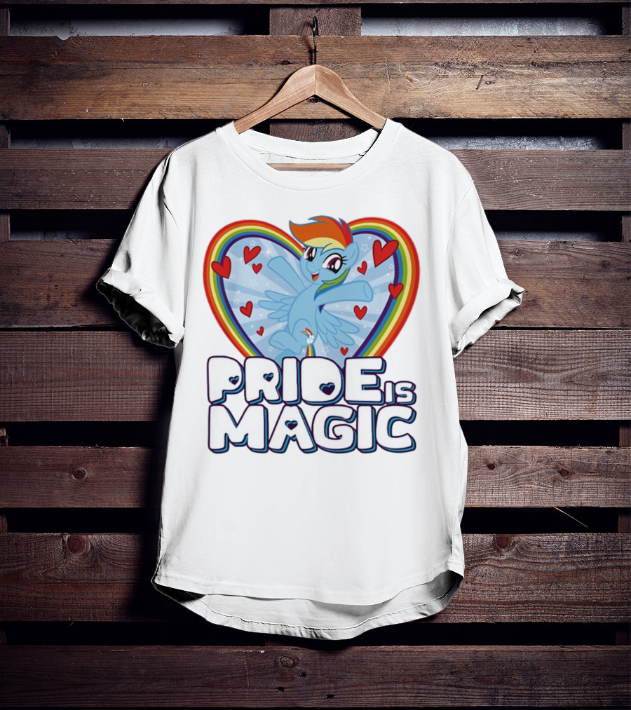 Pride Is Magic Rainbow Heart Flying Pony With Stars And Hearts T-Shirt