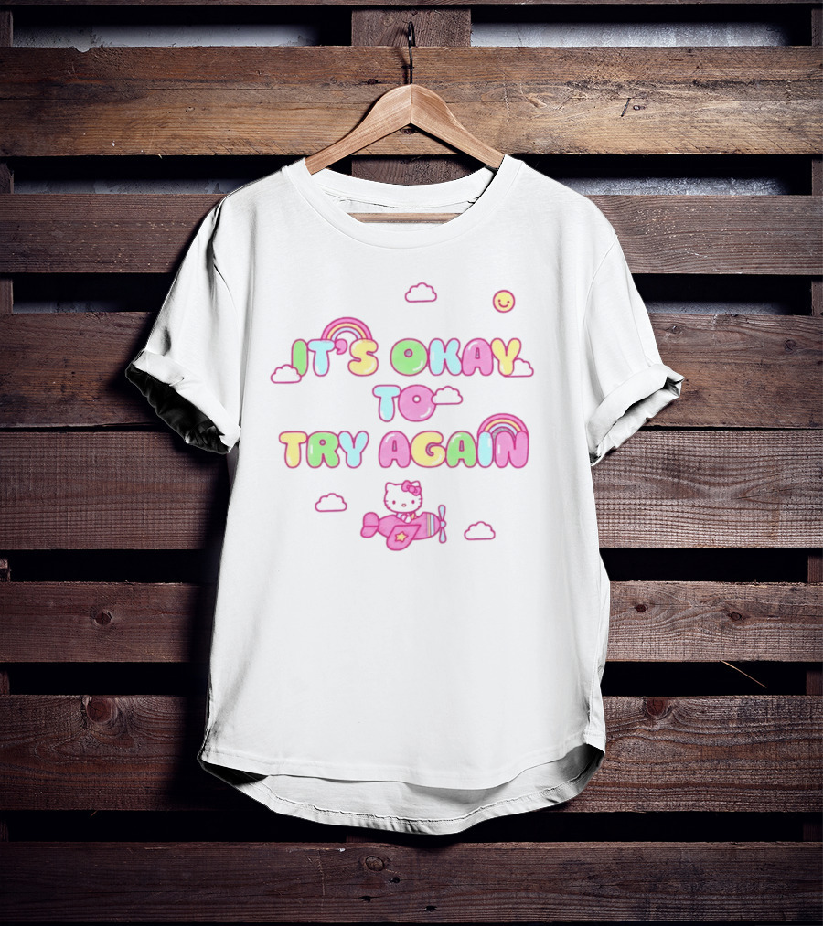 Hello Kitty It's Okay To Try Again Rainbow Clouds Airplane T-Shirt