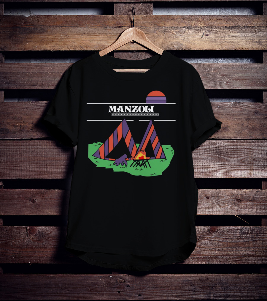 MANZOLI Tent Camping Fire Sunset Stripes T-Shirt