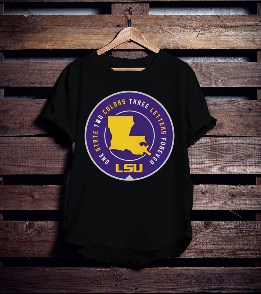 One State Two Colors Three Letters Forever LSU Louisiana Map Purple Gold Circle T-Shirt