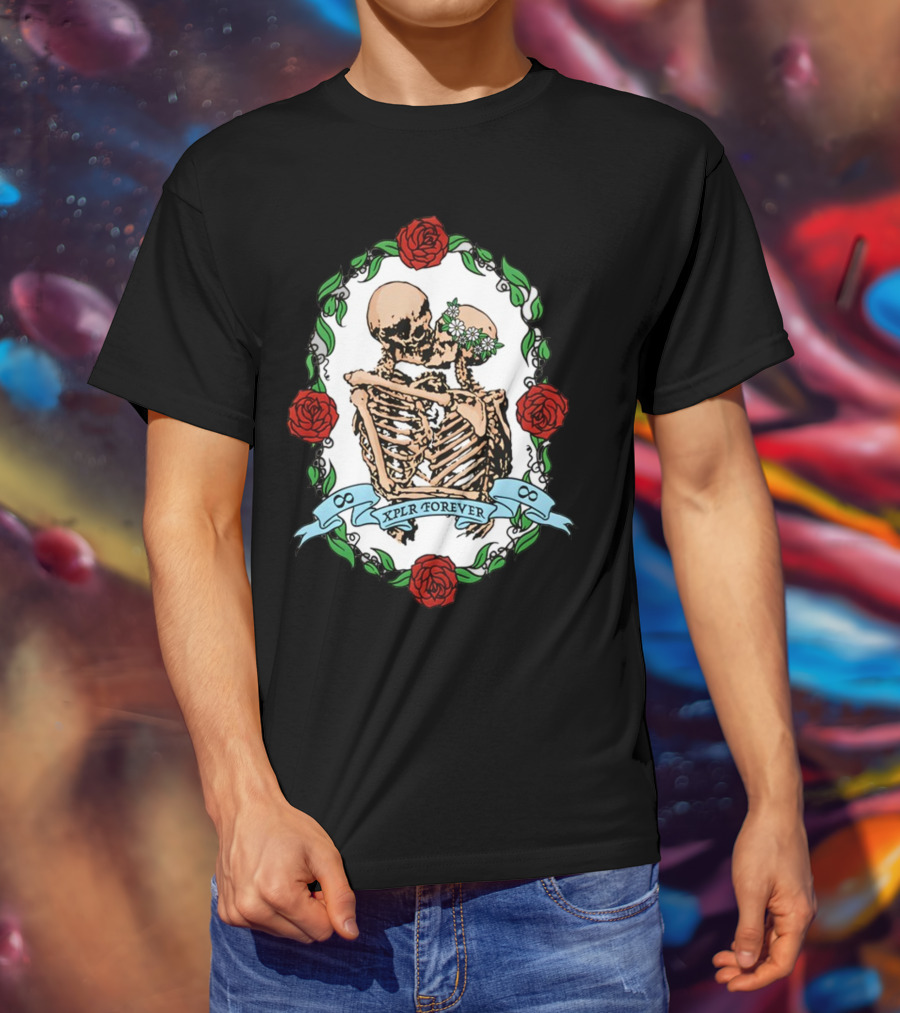 Xplr Forever Skeletons Embrace With Roses And Floral Wreath T-Shirt