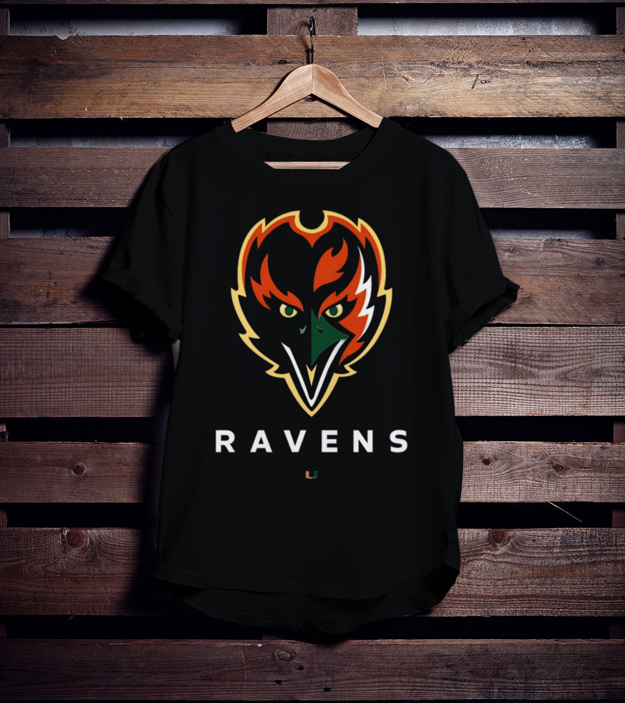 Ravens Logo With University Of Miami Hurricanes Colors T-Shirt