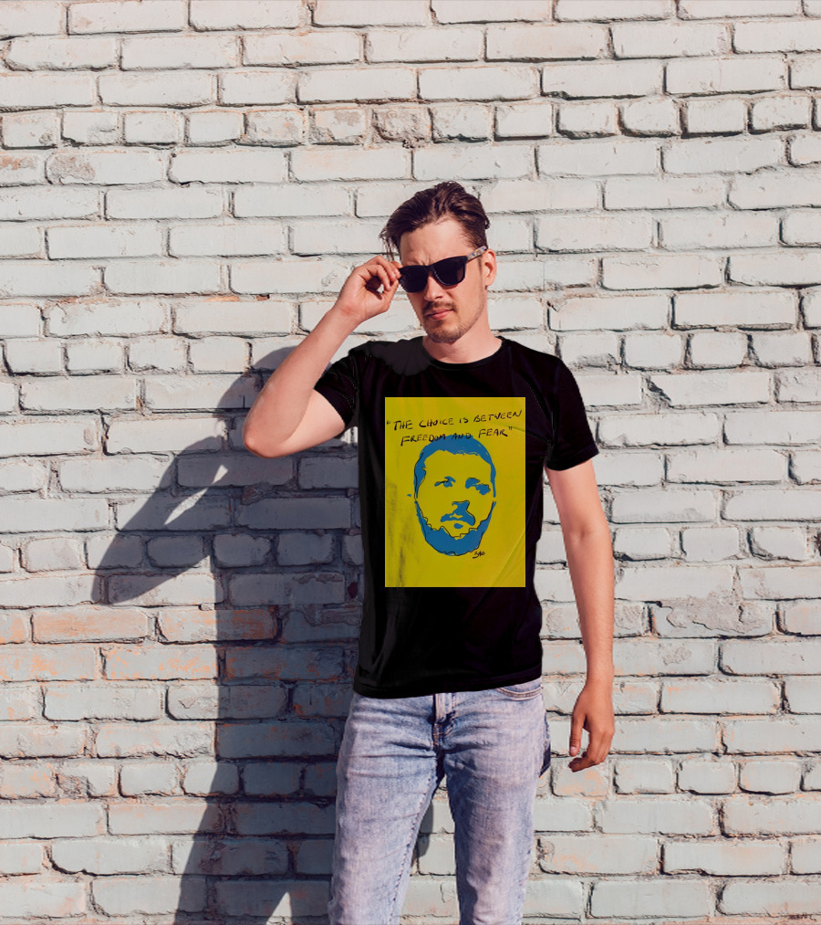 The Choice Is Between Freedom And Fear Blue Portrait Yellow Background T-Shirt