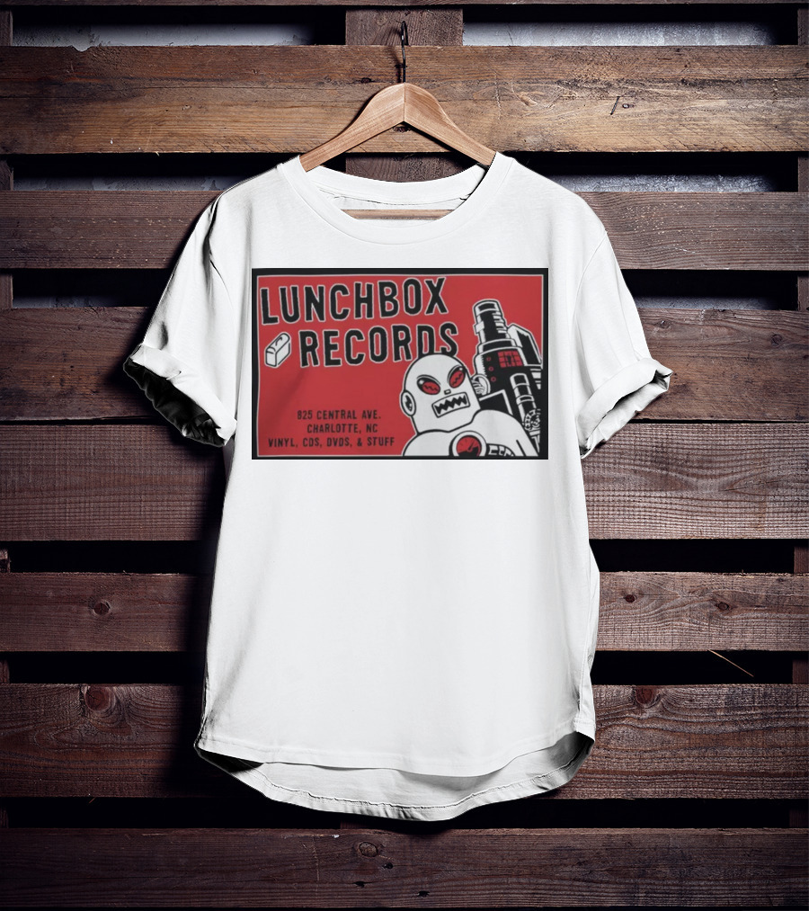 Lunchbox Records 825 Central Ave Charlotte NC Vinyl CDs DVDs Stuff Robot T-Shirt