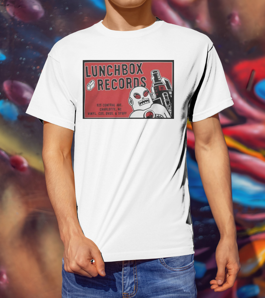 Lunchbox Records 825 Central Ave Charlotte NC Vinyl CDs DVDs Stuff Robot T-Shirt