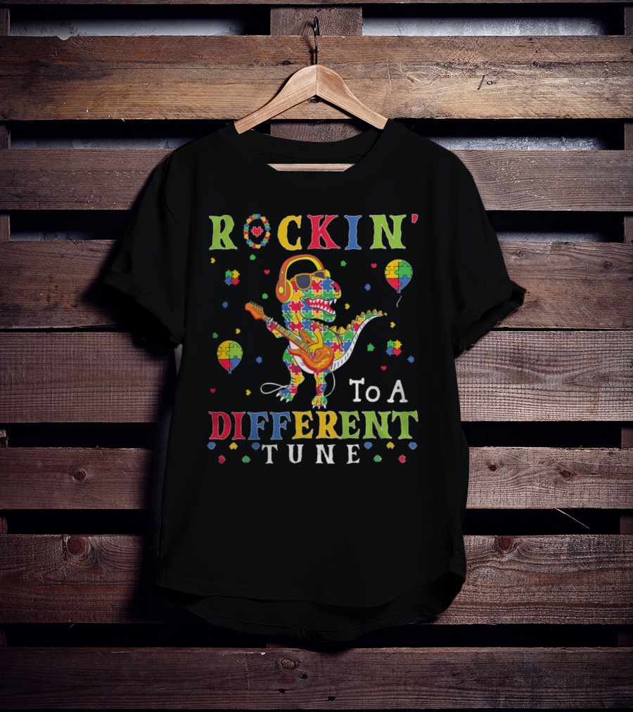 Rockin' To A Different Tune TRex Dinosaur Autism Awareness Puzzle Pieces T-Shirt