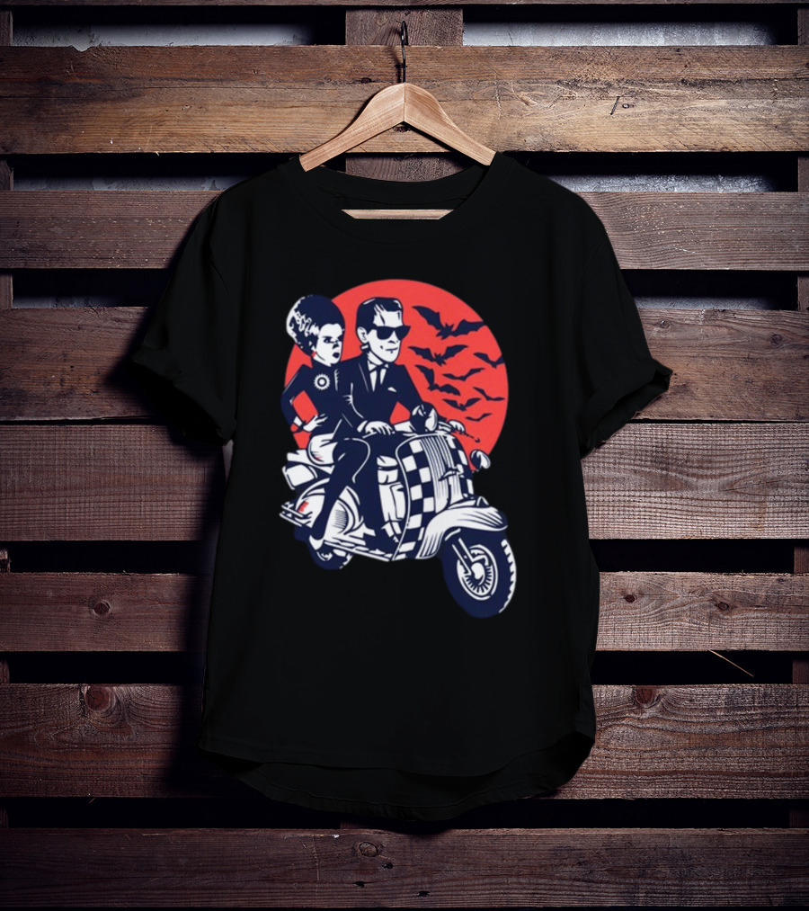 Ska-Lloween Couple Riding Scooter With Bats In Halloween Moon Sky T-Shirt