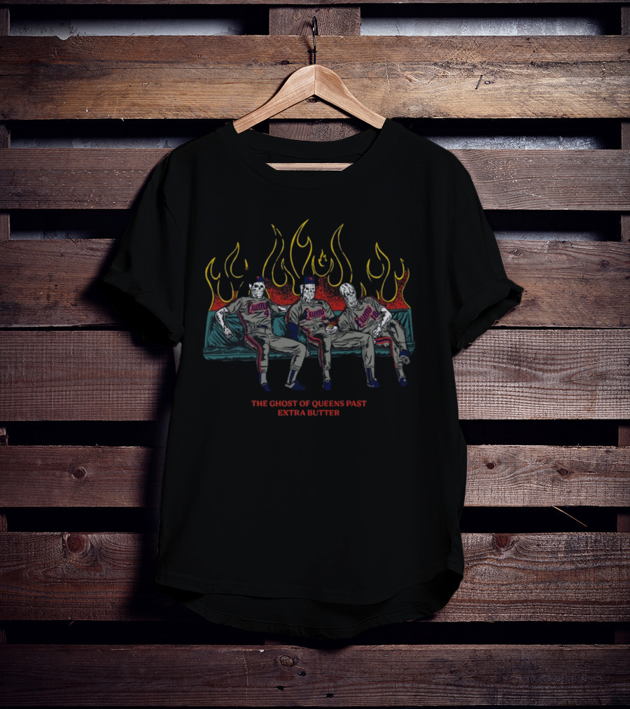 The Ghost Of Queens Past Extra Butter Queens Baseball Skeletons Flames T-Shirt