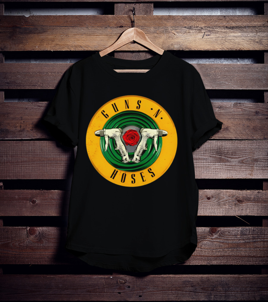 Guns N Hoses Firefighter Hydrant Nozzle Cross With Rose Circle Emblem T-Shirt